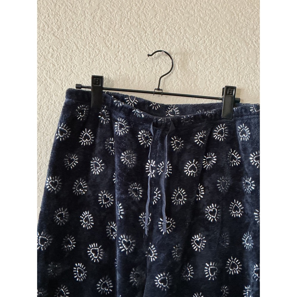 Unbranded Pajama Pants XL Navy Blue Silver Metallic Foil Heart Plush Fleece - Picture 2 of 4